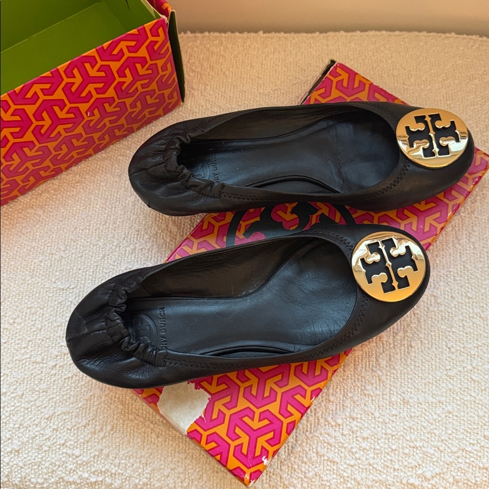 Tory Burch Black Ballet Flats with Gold Logo
